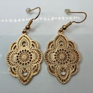 Gold Tone Filigree Medallion Dangle Earrings Boho Lace Design